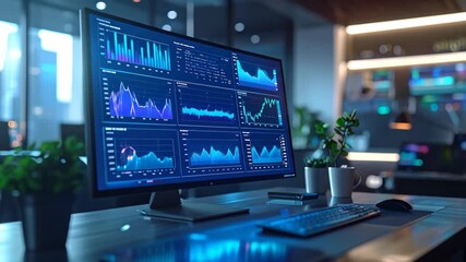 Advanced Data Analysis Monitor Displaying Real-time Financial Market Trends and Business Analytics. - Powered by Adobe