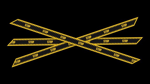 Animated yellow and black stop warning tapes crossing on transparent background. Moving caution lines with alert text. Symbol of restriction, prohibition, danger, and safety warning animation