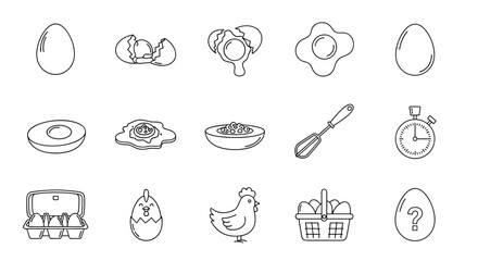 Collection of outline icons representing eggs and related items, perfect for infographics, articles, books, flyers, and banners. This editable stroke vector cartoon illustration includes whole eggs