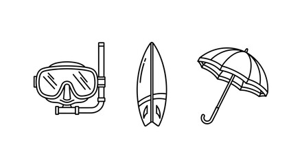 Collection of outline vector icons representing summer and beach activities, including a diving mask and snorkel, a surfboard, and an umbrella, perfect for graphic design, web elements, app icons