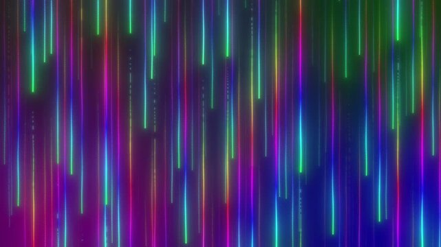 Data flow wall rainbow neon vertical lines pulse and shimmer on dark gradient abstract motion background vibrant glowing streaks cascade down screen for music visuals, presentations streaming