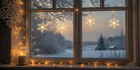 Frosted winter window with warm fairy lights and snowflakes outside. Cozy Christmas ambiance perfect for winter design, greeting cards, and seasonal backgrounds.
