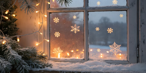 Frosted winter window with warm fairy lights and snowflakes outside. Cozy Christmas ambiance perfect for winter design, greeting cards, and seasonal backgrounds.