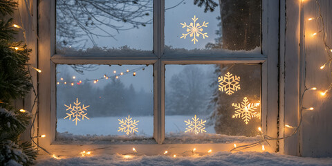 Frosted winter window with warm fairy lights and snowflakes outside. Cozy Christmas ambiance perfect for winter design, greeting cards, and seasonal backgrounds.