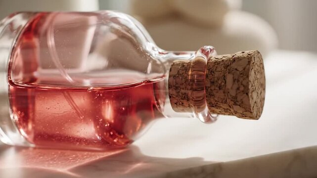 Close up of a glass bottle with pink liquid and a cork stopper