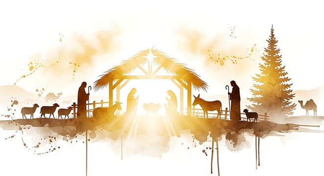 Golden nativity scene silhouette with shepherds sheep donkey and starry light