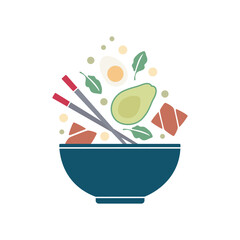 A poke bowl featuring light, balanced, healthy sports-style food — Asian cuisine with salmon, fresh vegetables, egg, avocado, and chopsticks floating upward.
