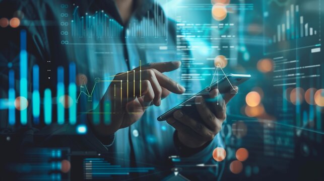 Businessman uses a mobile smartphone to transfer data to a digital network - Powered by Adobe