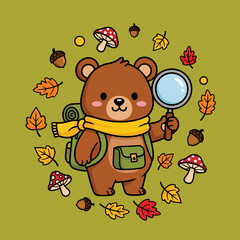 Cute bear adventurer with magnifying glass explores autumn forest