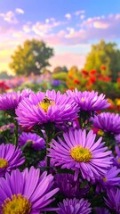 Obraz premium Close-up of vibrant purple flowers with a bee, set against a colorful sunrise