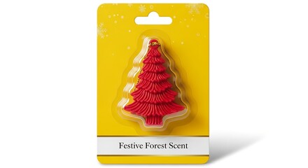 Bright red Christmas tree-shaped air freshener in yellow blister packaging, featuring a festive forest