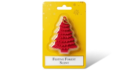 Bright red Christmas tree-shaped air freshener in yellow blister packaging, featuring a festive forest
