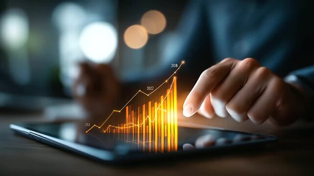 A business planner points to a 2026 growth graph on a tablet hyper realistic metrics with clear data moody shadows on a desk bright saturation in success visuals business