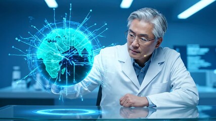Scientist studies hologram globe technology. Researcher doctor examines data network. Laboratory setting shows innovation and computing. Focus supports global research insight and collaboration now. - Powered by Adobe