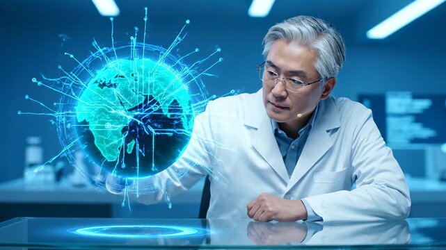 Scientist studies hologram globe technology. Researcher doctor examines data network. Laboratory setting shows innovation and computing. Focus supports global research insight and collaboration now. - Powered by Adobe