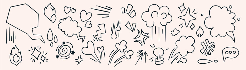 Simple comic speech bubbles, anime emotion effects in a hand drawn sketch style. Cartoon expressions mark, blocks, arrows, hearts, explosion, fire. Set of drawing graphic elements, vector illustration