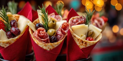 Gourmet charcuterie cones filled with assorted cheeses, olives, cured meats and rosemary sprigs, wrapped in elegant red paper, served at a holiday market.
