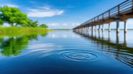 Tableau sur plexiglas Réflexion Ripples on a tranquil lake surface on a clear sunny day with a long wooden bridge stretching into the distance green trees and blue sky reflected in the water  © malisa