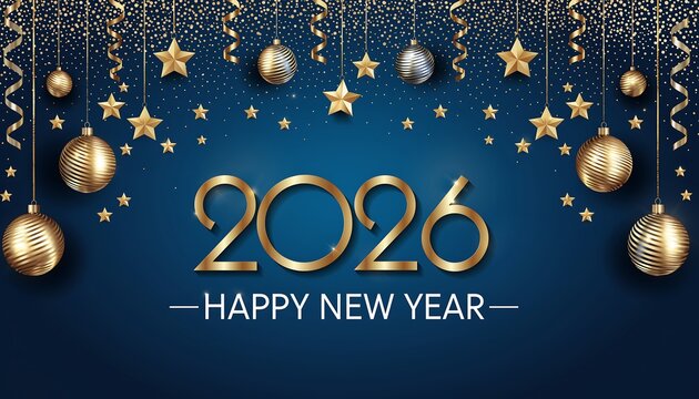 Golden 2026 text and ornaments with confetti and streamers against a dark blue background celebrating new year s eve