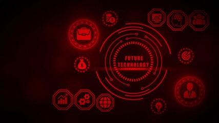 Red futuristic HUD interface with future technology icons and circular graphic elements image photo - Powered by Adobe