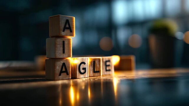 A scene with wooden blocks spelling AGILE vertically hyper realistic letters with vivid textures moody shadows on a table bright saturation in project icons agile business