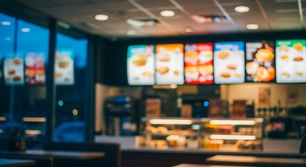 Blurred view of a fast food restaurant interior with illuminated menu boards and display cases