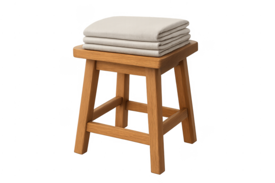 Wooden stool holding folded linen sheets transparent background