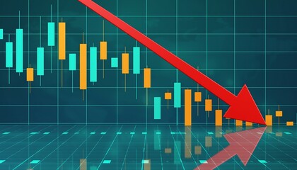 Financial market downturn illustrated by a downward trending stock chart with a bold red arrow indicating a sharp decline