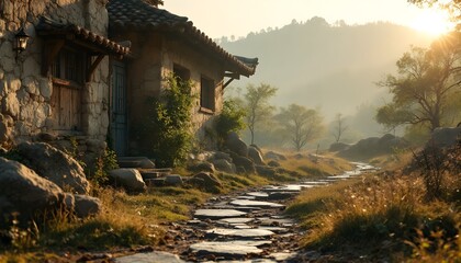 Stone pathway leading to traditional house in peaceful mountain landscape during sunrise with misty atmosphere.