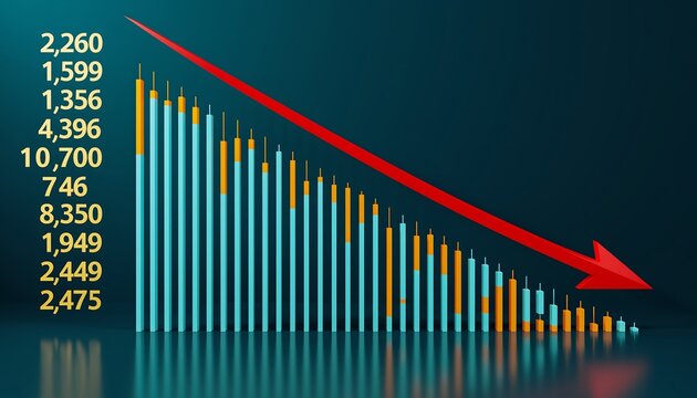 Financial market crash depicted by a downward trending bar chart with a prominent red arrow indicating a sharp decline