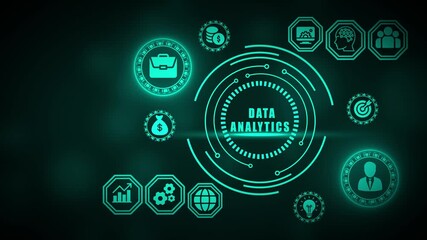 Digital data analytics concept with glowing teal icons and circular interface on dark background technology - Powered by Adobe