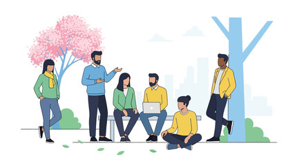 Group of diverse individuals collaborating outdoors, sharing ideas and thoughts in a park setting