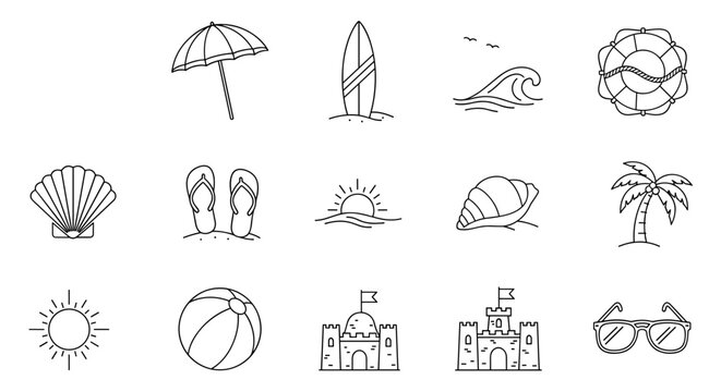 A charming collection of hand-drawn line art icons representing a quintessential summer beach vacation, featuring an umbrella, surfboard, waves, lifebuoy, seashell, palm tree, flip-flops, sun, beach