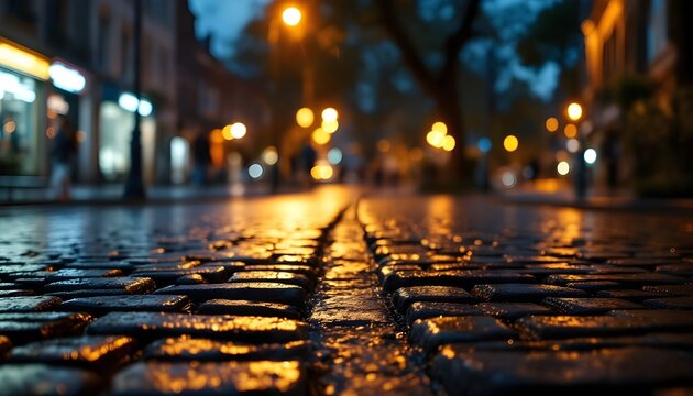 Wet cobblestone street reflecting warm city lights at night creating atmospheric urban scene with bokeh effect.