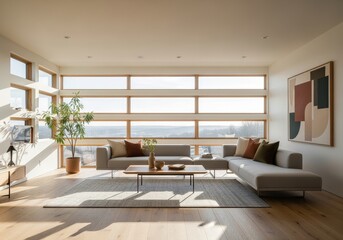 Modern Living Room Interior: The image displays a contemporary living room bathed in natural light, showcasing sleek design elements and a serene atmosphere. 