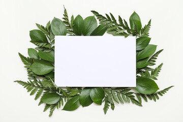 Blank card with different fresh green leaves on grey background