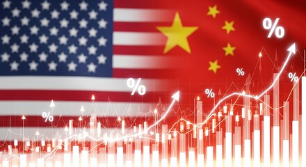 United states and china flags overlaid with rising stock market graph and percentage symbols