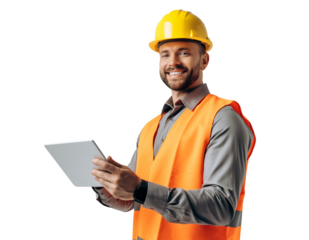 Smiling male construction supervisor in orange safety vest holding a digital tablet, concept for project management, construction site communication and workplace safety compliance
