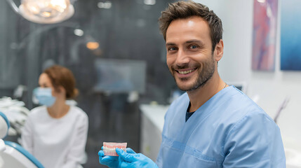 Smiling dentist showing healthy white teeth of patient, modern dental clinic