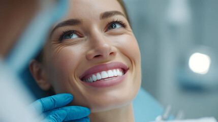 Smiling dentist showing healthy white teeth of patient, modern dental clinic