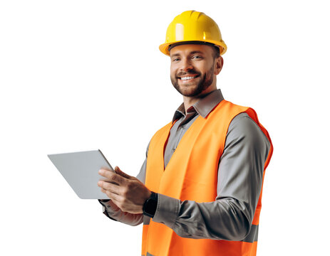 Smiling male construction supervisor in orange safety vest holding a digital tablet, concept for project management, construction site communication and workplace safety compliance