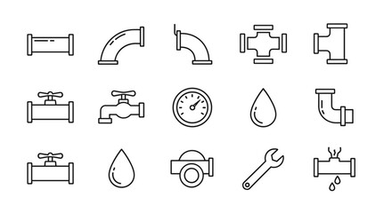 Collection of thin line icons representing plumbing and water supply elements, including pipes, joints, valves, faucets, a pressure gauge, water drops, and a wrench, all on a clean white background