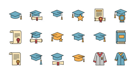 Collection of minimalistic linear pictograms representing academic achievements and graduation, featuring graduation caps, diplomas, academic gowns, and a book, all in vivid, filled color outline