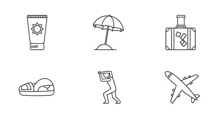 A collection of six minimalist outline icons representing travel and vacation essentials, including sunscreen, a beach umbrella, a suitcase, sandals, a person exercising, and an airplane, perfect for