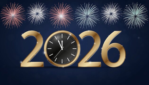 Golden 2026 numbers with a clock face and colorful fireworks exploding in the night sky celebrating the new year