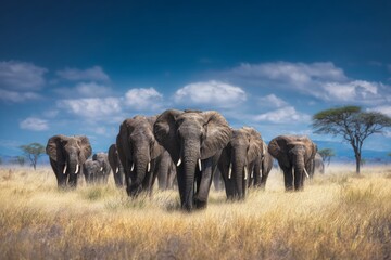 In the wild: elephants amidst the serengeti grasslands. Scifi poster. Epic african journey: elephants move gracefully through tarangire park. Blockbuster poster. Adventure poster.