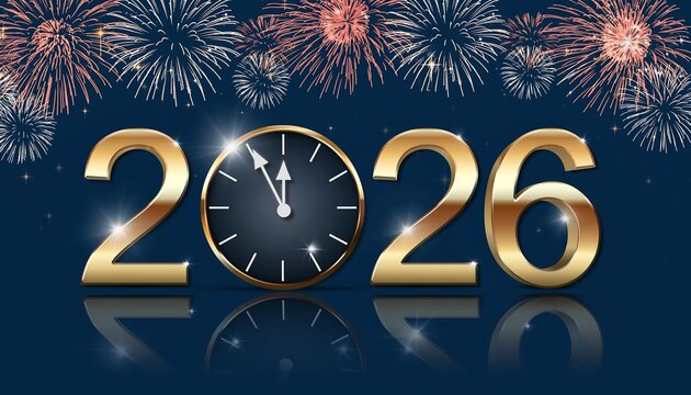 Golden 2026 numbers with a clock face and sparkling fireworks against a dark blue background celebrating the new year