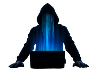 Anonymous hooded figure using a laptop with cascading digital code overlay on face, concept for cybersecurity vulnerability analyst specialist career, network data theft consultant, and financial