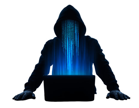 Anonymous hooded figure using a laptop with cascading digital code overlay on face, concept for cybersecurity vulnerability analyst specialist career, network data theft consultant, and financial