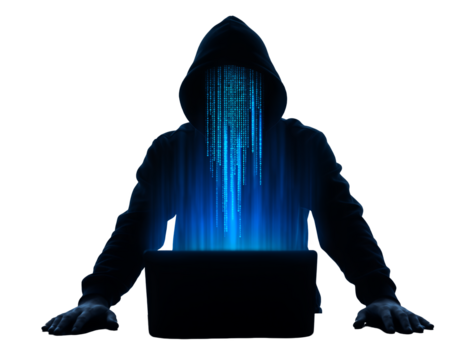 Anonymous hooded figure using a laptop with cascading digital code overlay on face, concept for cybersecurity vulnerability analyst specialist career, network data theft consultant, and financial